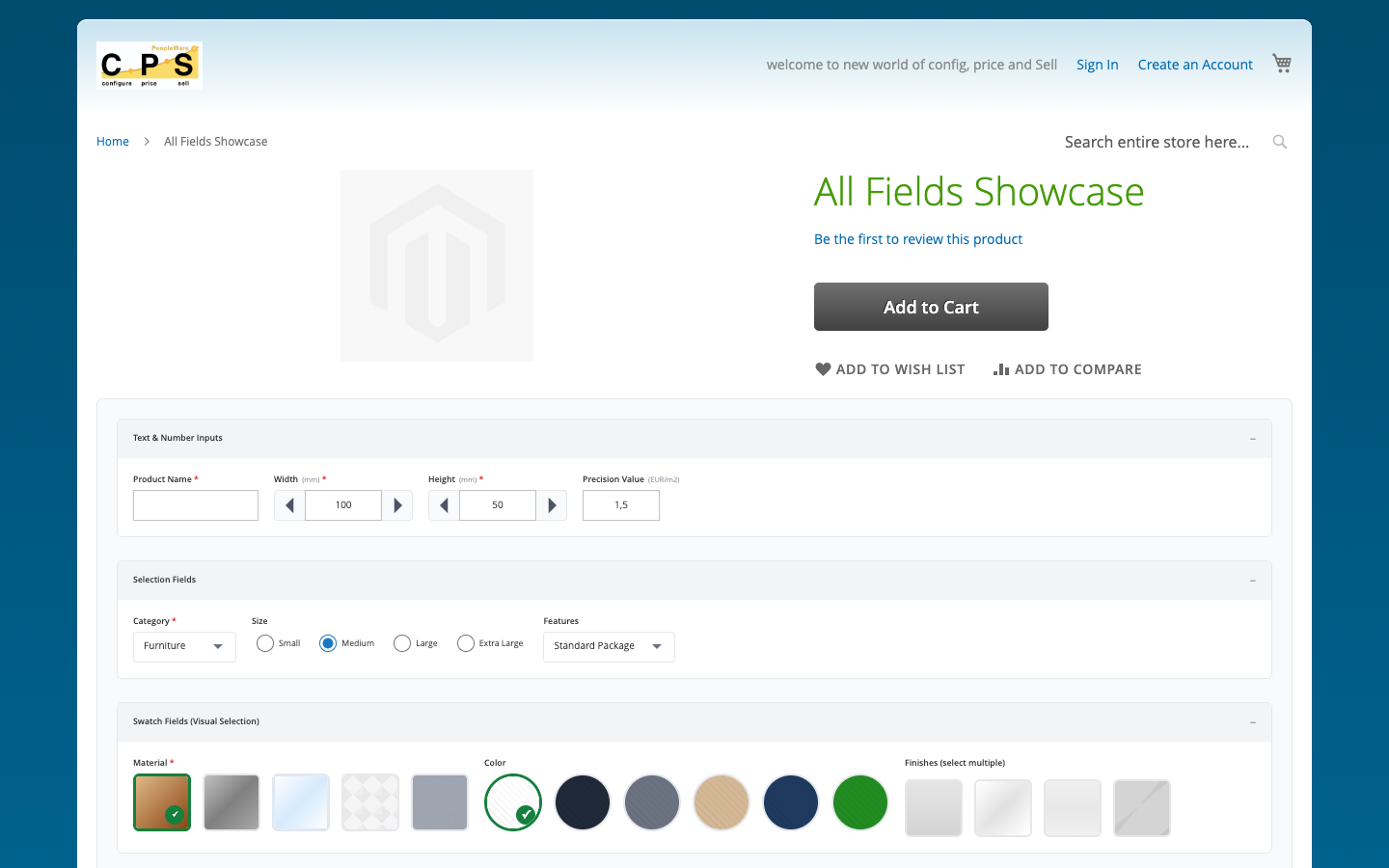CPS configurator embedded in a Magento 2 product page
