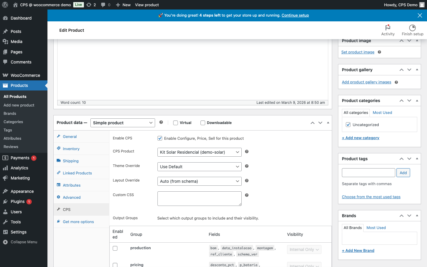 WooCommerce product admin with CPS settings panel