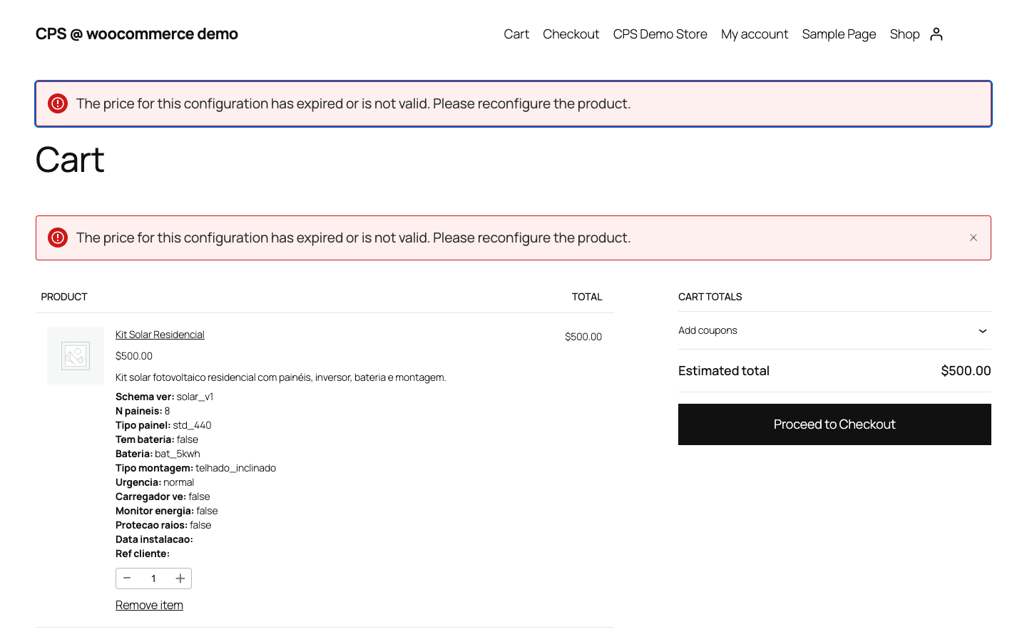 WooCommerce cart showing configuration summary and price